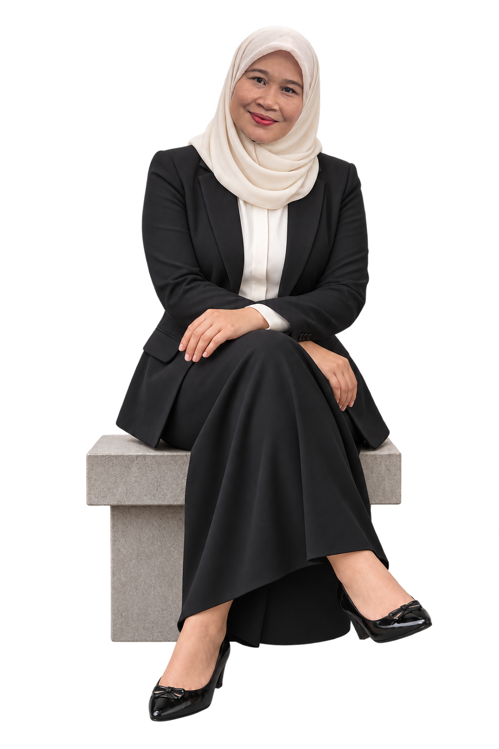 Hamizah Ibrahim memakai hijab dan pakaian profesional